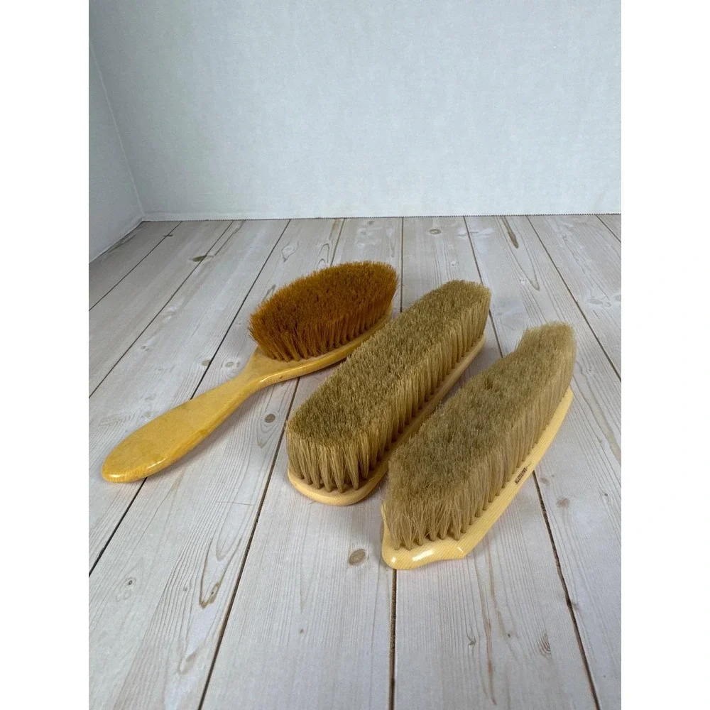 Vintage Yellow Celluloid Art Deco Vanity Brush Set Hair &‎ Clothes Brushes 3pc